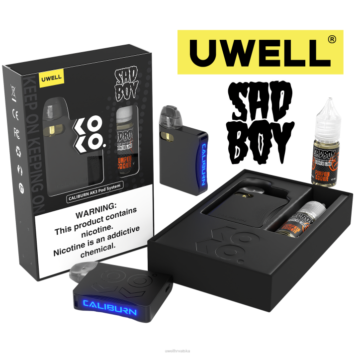 UWELL CALIBURN AK3 kit + a3s 08 ohm kapsule (x2) + tatine pare 10 ml soli 50 mg N4TP239 UWELL vape kit crl crna/flv kolačić od bundeve 50mg