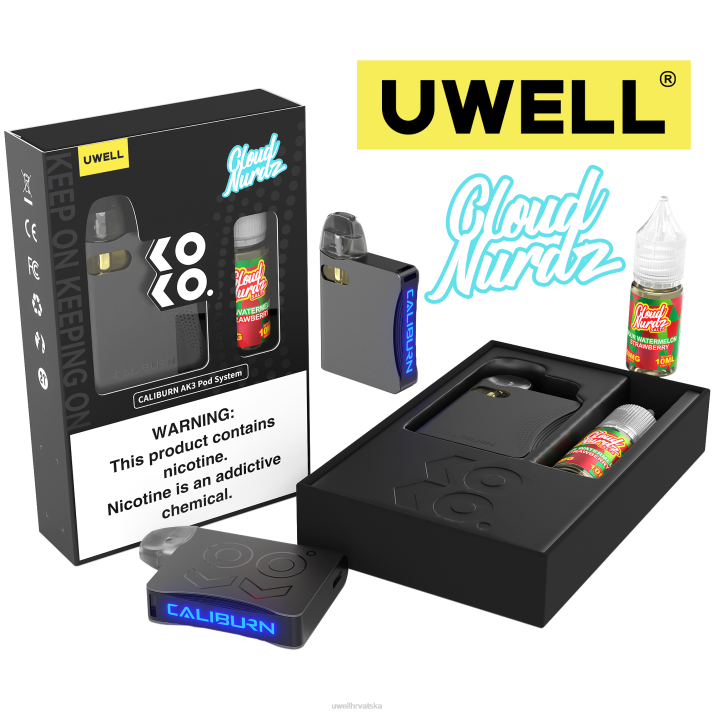 UWELL CALIBURN AK3 kit + a3s 08 ohm kapsule (x2) + tatine pare 10 ml soli 50 mg N4TP240 UWELL vape price crl siva/flv kisela lubenica jagoda 50mg