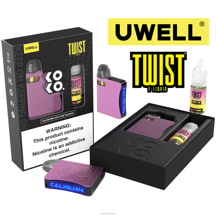 UWELL CALIBURN AK3 kit + a3s 08 ohm kapsule (x2) + tatine pare 10 ml soli 50 mg N4TP241 UWELL hrvatska crl pink/flv pink punch limunada 50mg