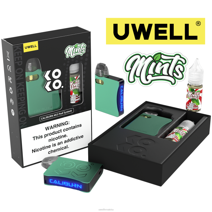 UWELL CALIBURN AK3 kit + a3s 08 ohm kapsule (x2) + tatine pare 10 ml soli 50 mg N4TP242 UWELL zagreb crl cijan/flv paprena metvica 50 mg