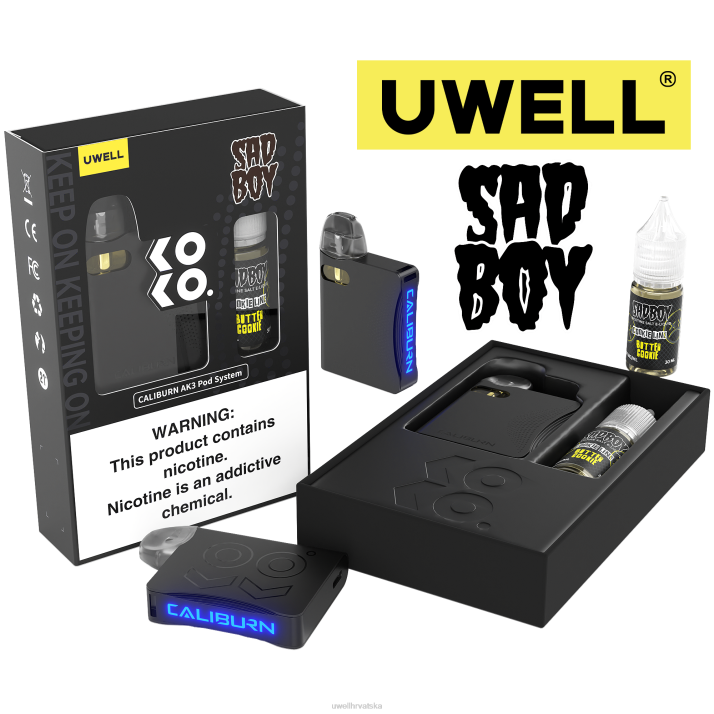 UWELL CALIBURN AK3 kit + a3s 08 ohm kapsule (x2) + tatine pare 10 ml soli 50 mg N4TP243 UWELL disposable vape crl crni/flv kolačić s pudingom 50 mg