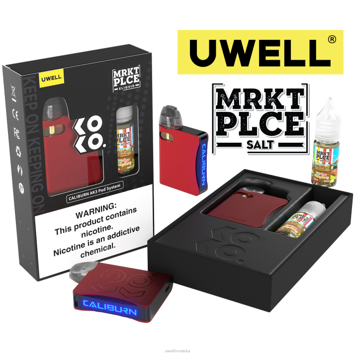 UWELL CALIBURN AK3 kit + a3s 08 ohm kapsule (x2) + tatine pare 10 ml soli 50 mg N4TP245 UWELL vape for sale crl crvena/flv fuji kruška mangoberry