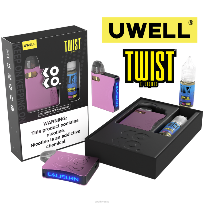 UWELL CALIBURN AK3 kit + a3s 08 ohm kapsule (x2) + tatine pare 10 ml soli 50 mg N4TP246 UWELL e cigarette crl roza/flv medly limunada od bobica