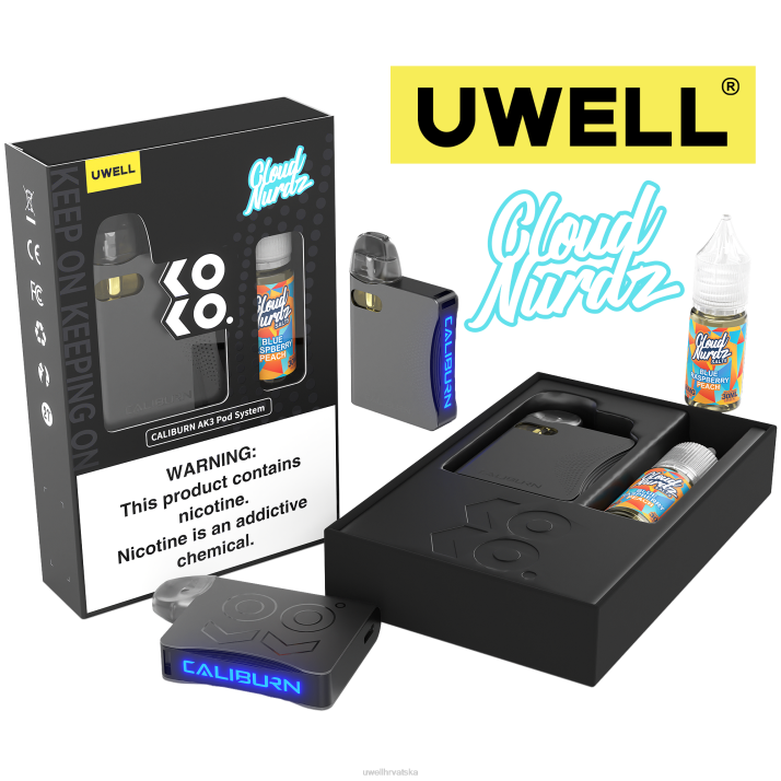 UWELL CALIBURN AK3 kit + a3s 08 ohm kapsule (x2) + tatine pare 10 ml soli 50 mg N4TP247 best UWELL flavours crl siva/flv plava malina breskva